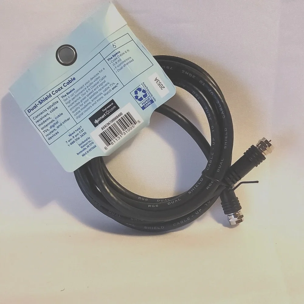 Watch Onn. Quad-Shield Coaxial Cable 6 Feet Black Brand New